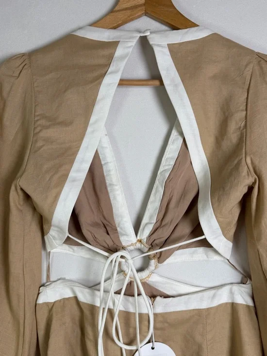 Petal + Pup Women’s Linen Blend Cutout Dress Beige White Tie Back Coastal Sz XS - Picture 9 of 13